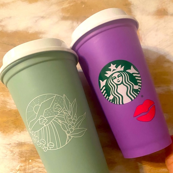 Starbucks reusable hot cup set, Earth Day and color changing Valentine kiss/lips